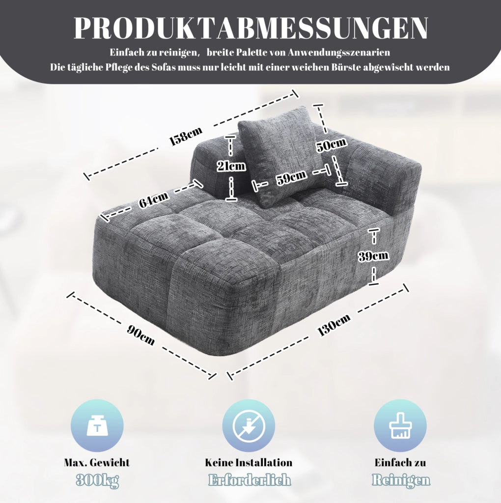 Divano chaise longue in ciniglia grigio con cuscino e tasche laterali per relax confortevole