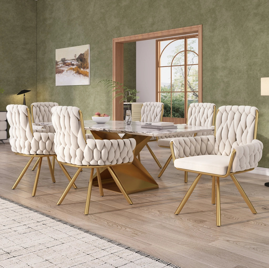 Set di 4 sedie girevoli in velluto beige con schienale alto e braccioli