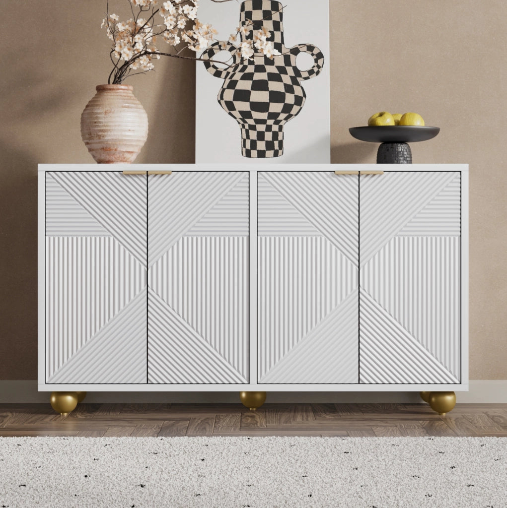 Sideboard 120x35x71.5 cm con 4 ante; ripiani regolabili e dettagli dorati; MDF bianco