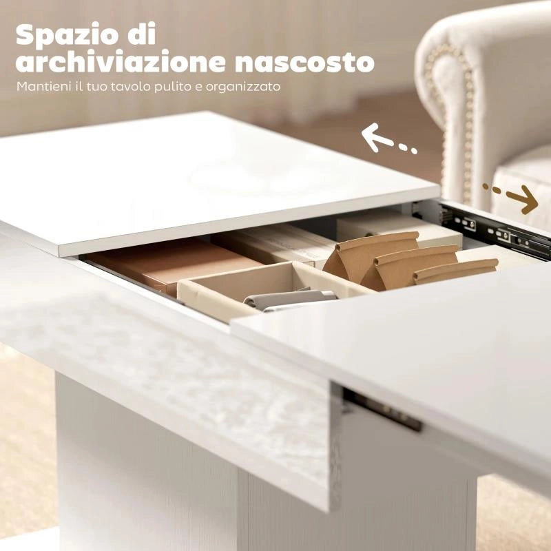 TAVOLINO DA CAFFÈ ESTENSIBILE CON VANO CONTENITORE MODERNO, 108-178.5X53X49 CM, BIANCO LUCIDO