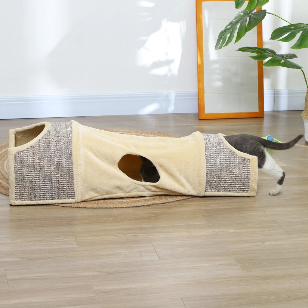 Tunnel per Gatti con 2 Nicchie in Sisal ¨C zephmum ¨C Beige 107x38x29 cm