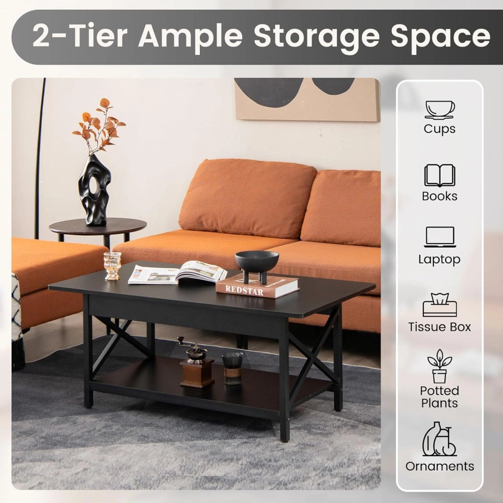 Tavolino a 2 Livelli a Forma di X, Tavolo da Caffè in Stile Industriale, Moderno per Soggiorno, Ufficio, Camera da Letto, Gambe Regolabili, 110x60x48cm, 2 Colori
