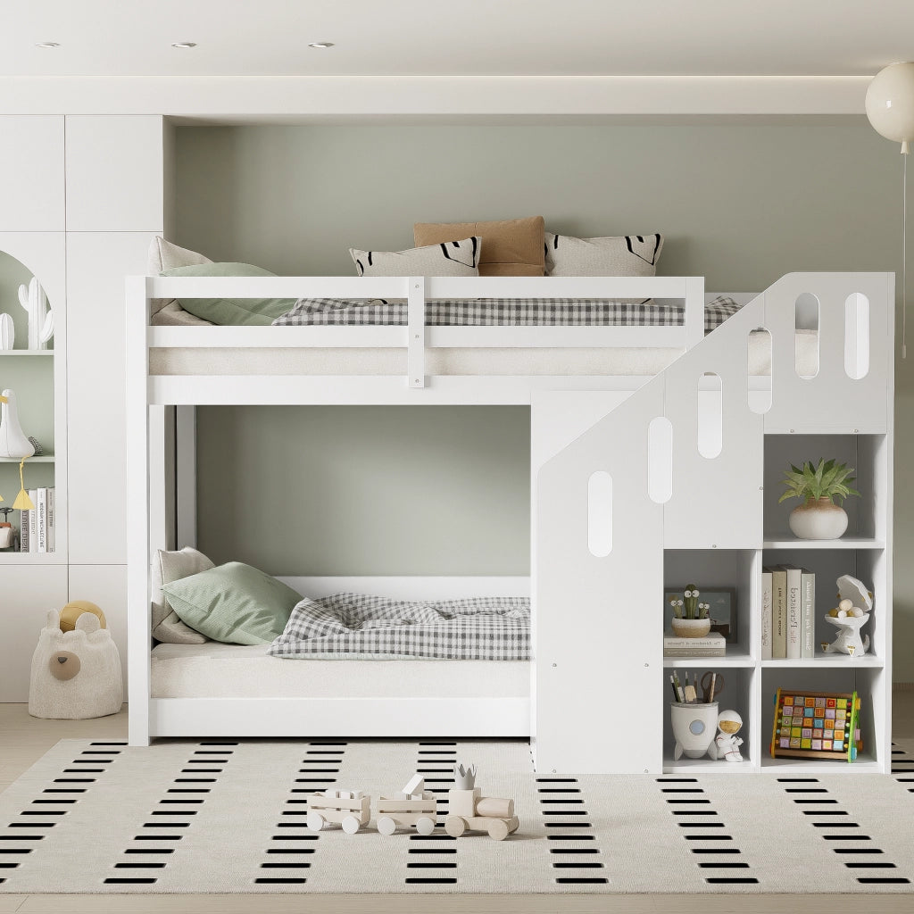 Letto a Castello 2 Posti con Scala Contenitore e Armadietti; 90×200 cm; senza Materasso; Bianco