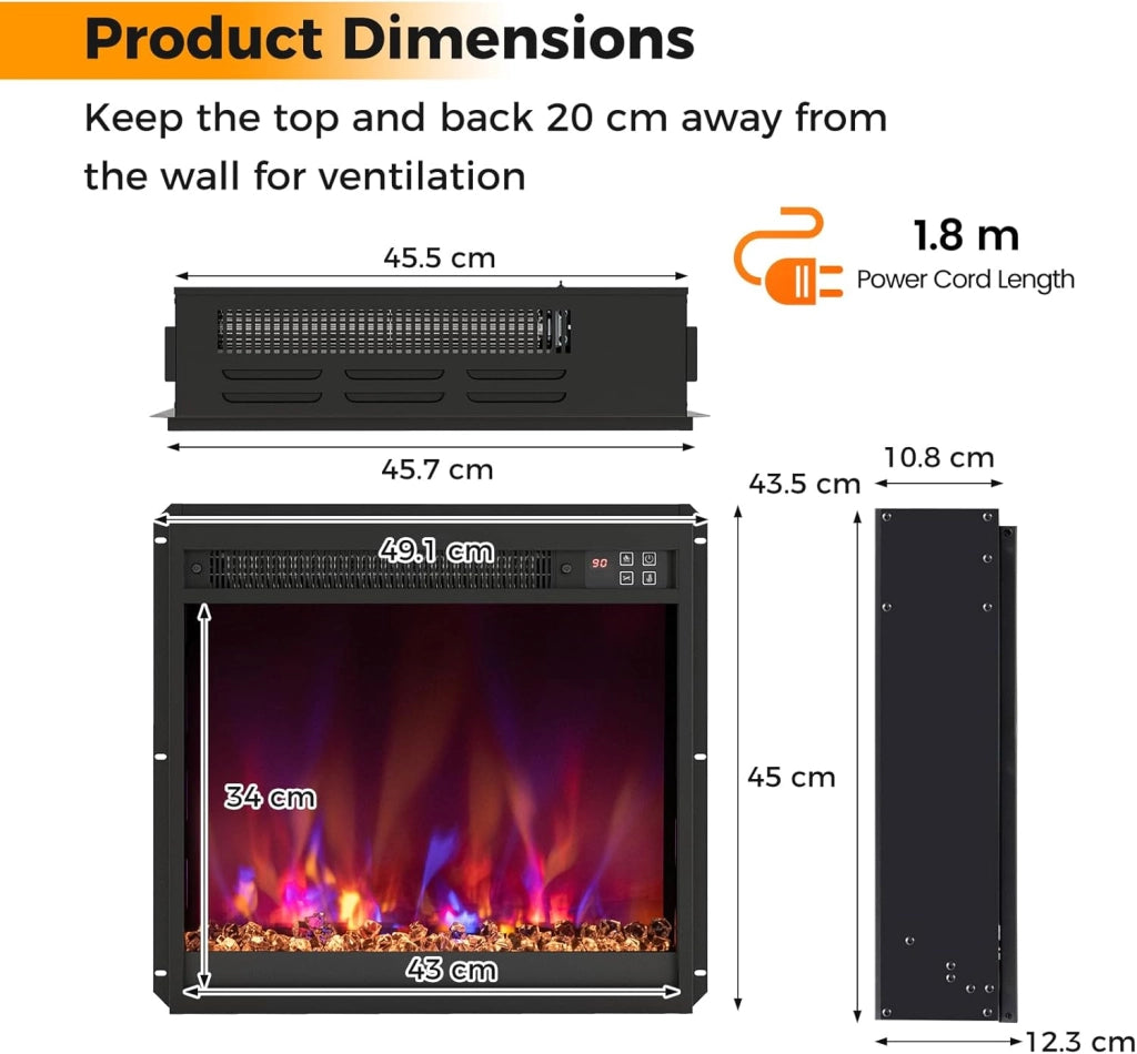 Camino Elettrico 1500W, Caminetto Elettrico con Effetto Fiamma LED a 8 Colori, 3 Livelli di Luminosità,17-32℃, Protezione Anti Surriscaldamento, Telecomando (49,1 X 12,3 X 45 CM)