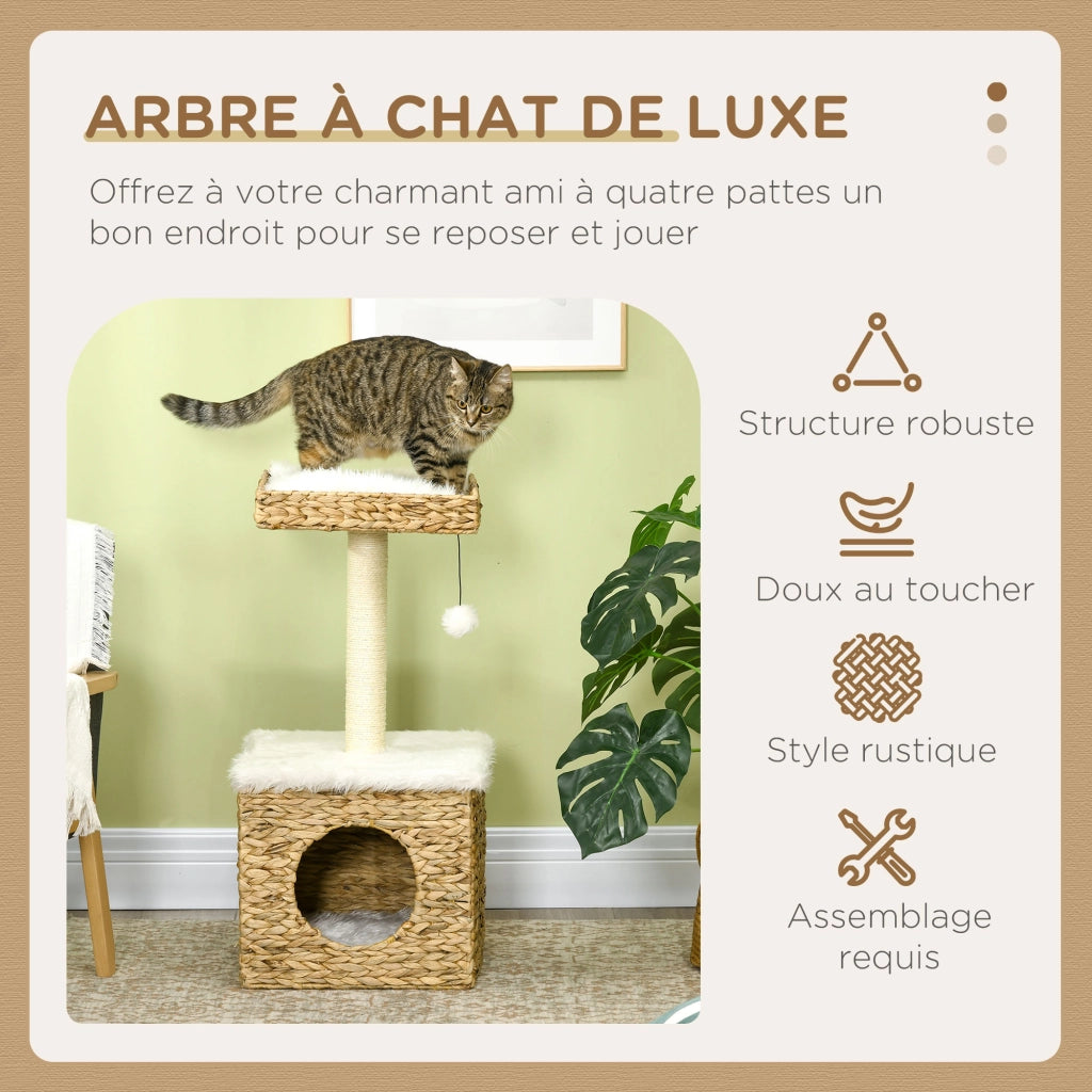 Tiragraffi per gatti a 2 livelli con piattaforma, colonna in sisal e pompon ¨C Minimal ¨C bianco