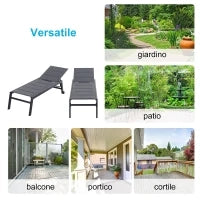 Sdraio da Giardino Reclinabile su 5 Livelli Rivestimento Imbottito, Alluminio e Texteline, 72x168x102cm Grigio