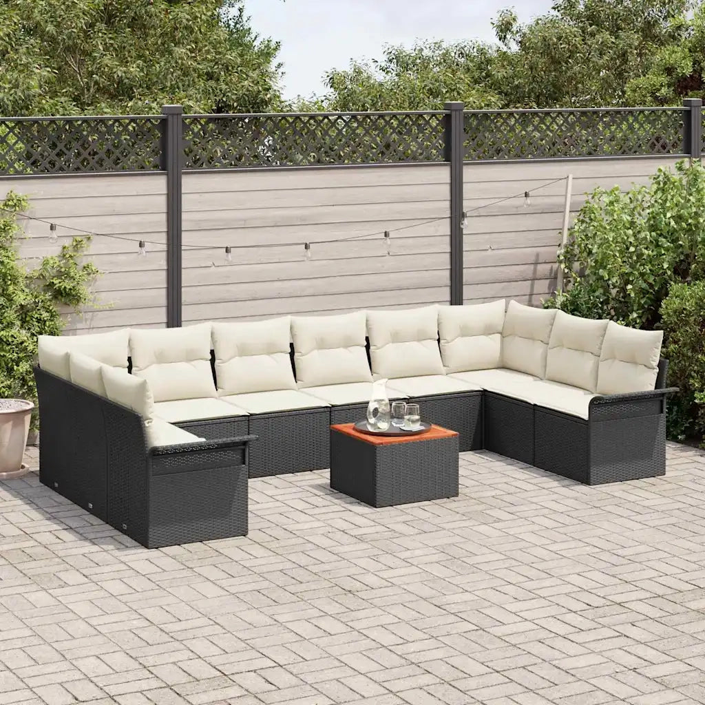 Set Divano da Giardino 11 pcs Nero e Crema polyrattan