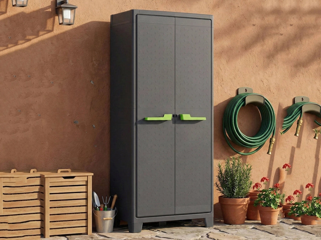 Armadio da esterno Markham, Mobile outdoor, Mobiletto giardino multiuso, Contenitore per balcone o garage, Made in Italy, 80x44 h182 cm, Grigio