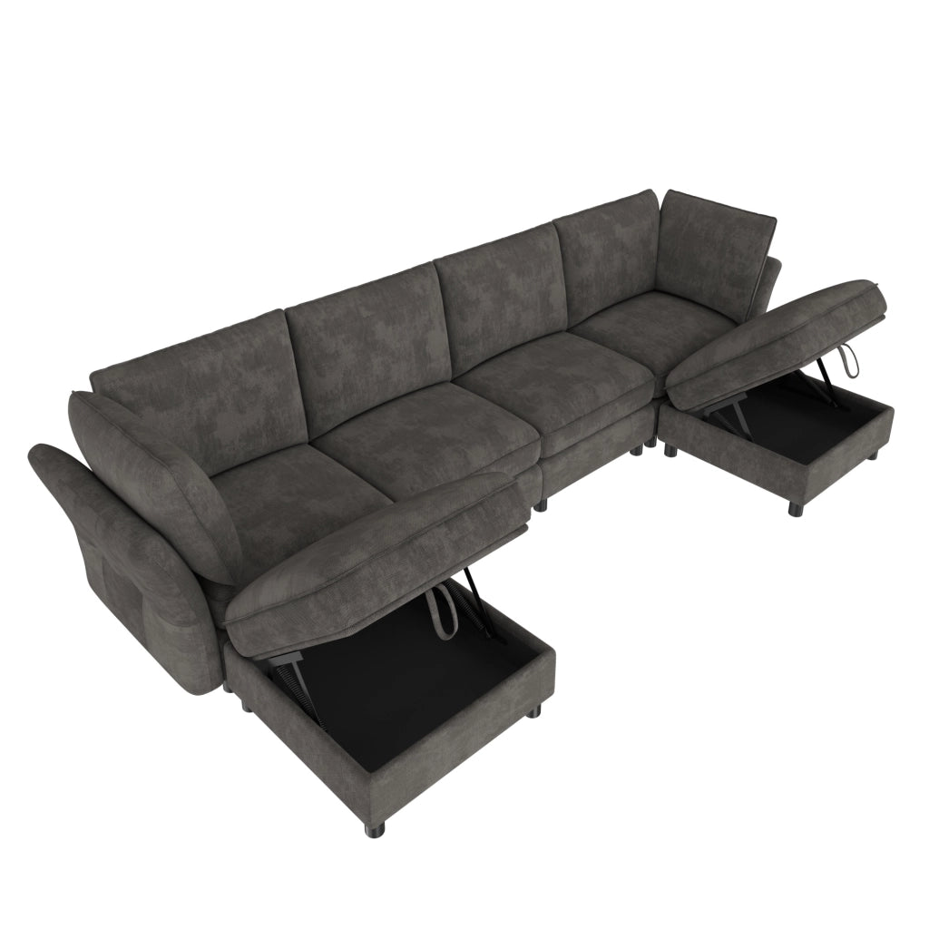 SOFA Modulare U con 2 pouf contenitore 289x137x84 cm in ciniglia grigio