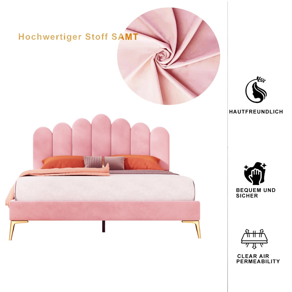 Letto imbottito matrimoniale 140×200 cm con testiera regolabile e rete a doghe; senza materasso; velluto rosa