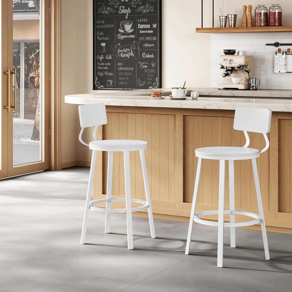 Sgabelli Cucina Set di 2, Sgabelli da Bar per Colazione, con Poggiapiedi e Schienale, Struttura in Metallo, Bianco