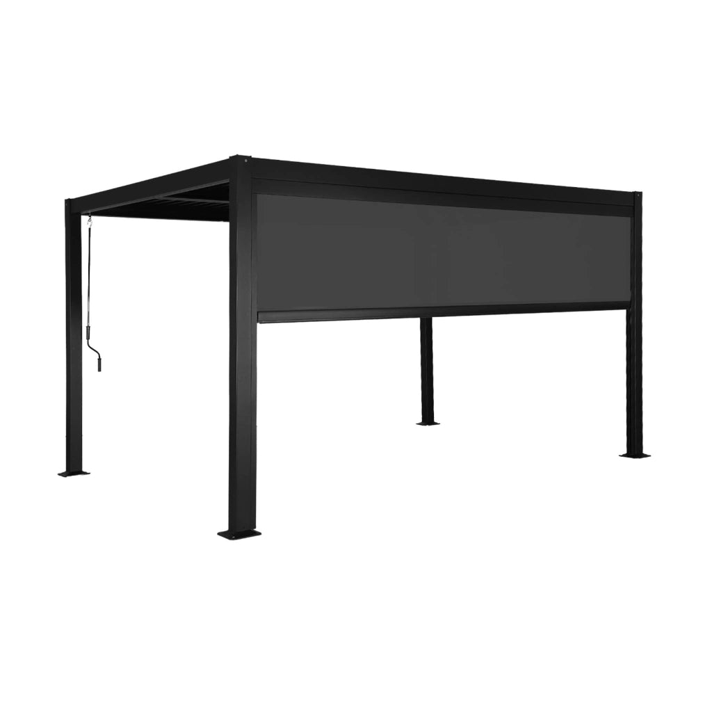Pergola bioclimatica 3x4m in alluminio e acciaio + tenda 4m, nero
