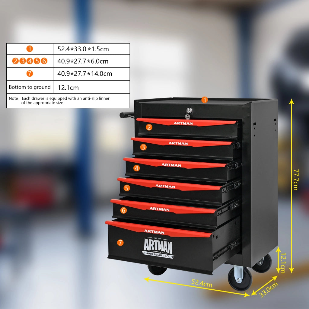 Cassettiera con ruote a 6 cassetti in acciaio con serratura, per garage e officina, nero e rosso, 60 × 33 × 77,5 cm