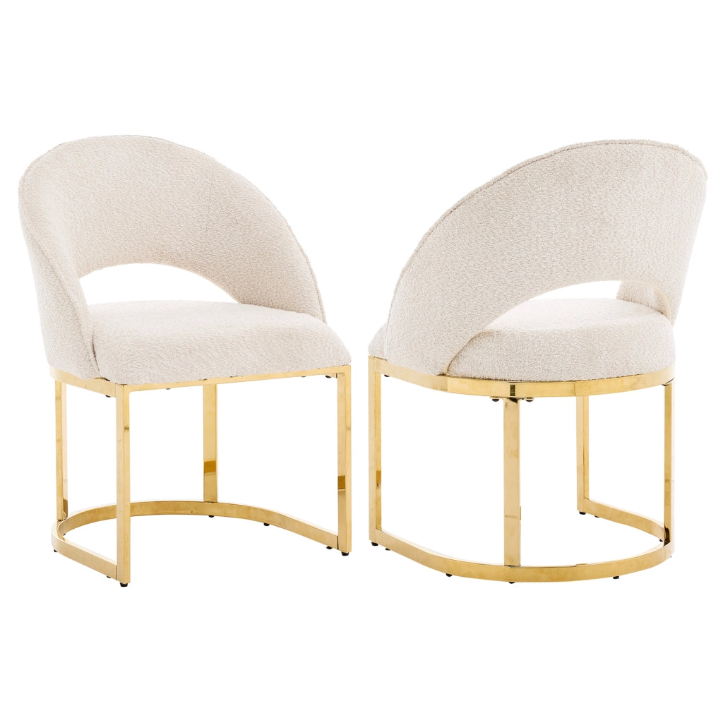 Set di 2 sedie da pranzo in bouclé beige e oro con gambe metalliche galvanizzate