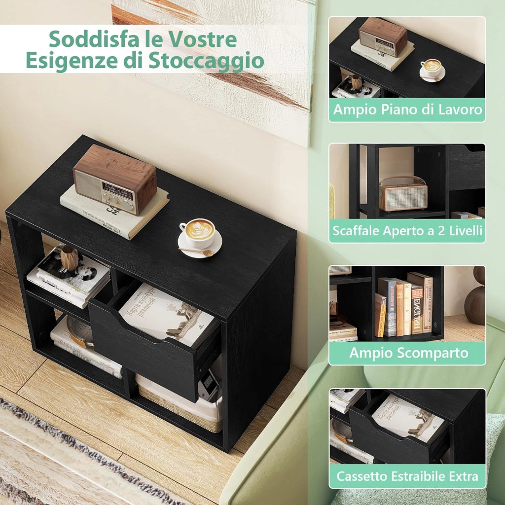 Libreria Scaffale, Libreria Bianco in Legno con Cassetto e 3 Cubi, 60 x 30 x 53 cm, Scaffale Multiuso per Soggiorno, Ingresso, Ufficio e Cameretta (Nero)