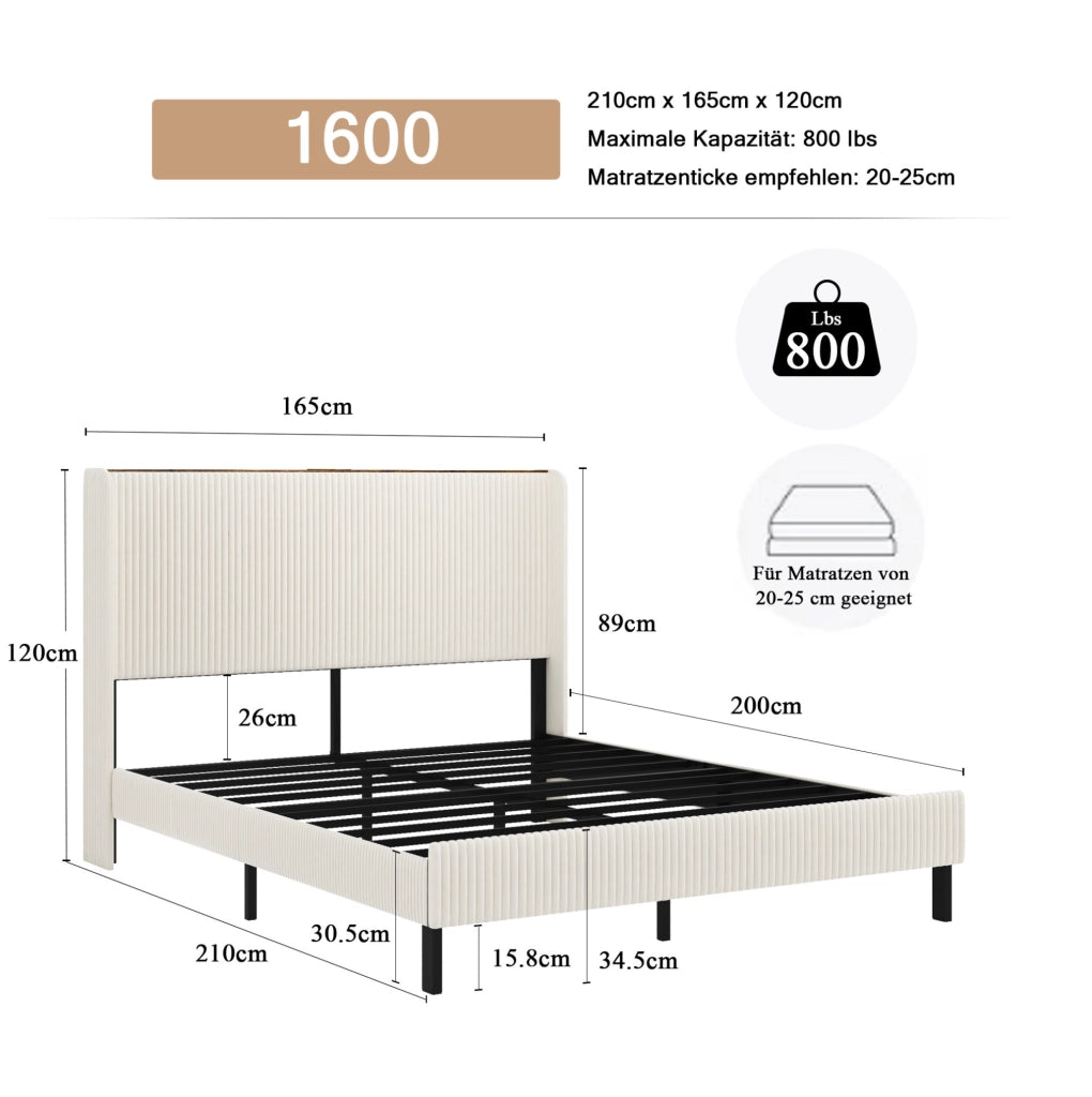 Letto imbottito 160x200 cm con struttura in metallo e montaggio facile in velluto a coste beige e crema