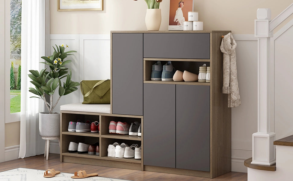 Scarpiera con seduta imbottita e ripiani regolabili per ingresso, in truciolare, grigio, 140 × 35 × 110 cm