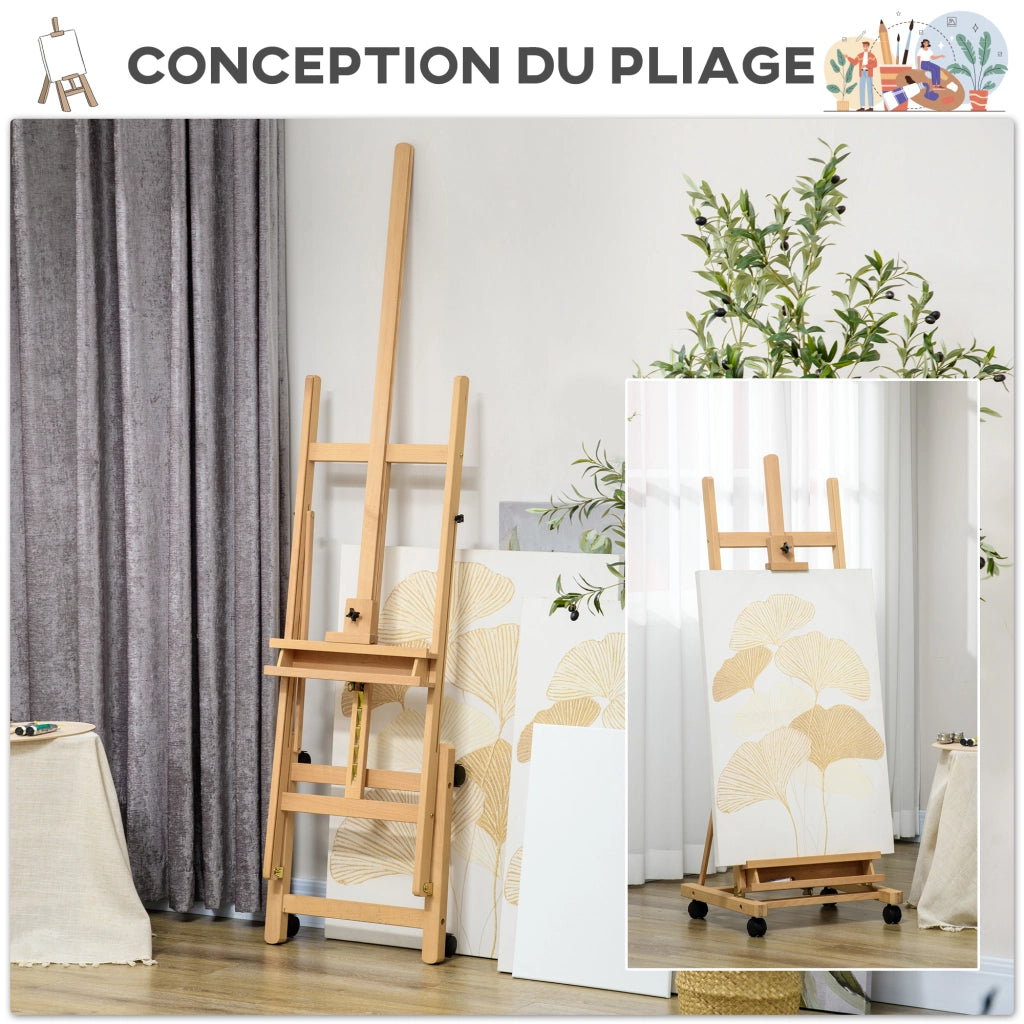 Cavalletto da Pittura Pieghevole in Faggio con Rotelle per Tele 118 cm ¨C zephmum ¨C Legno Naturale