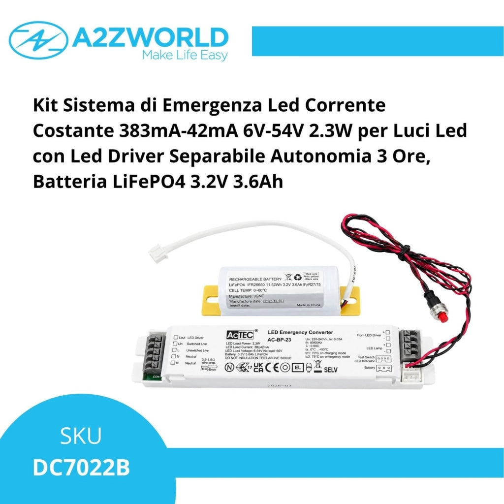 Kit Sistema Di Emergenza Led Corrente Costante 6-60V Per Luci Led Con Led Driver Separabile 3 Ore Da 3W Fino a 60W