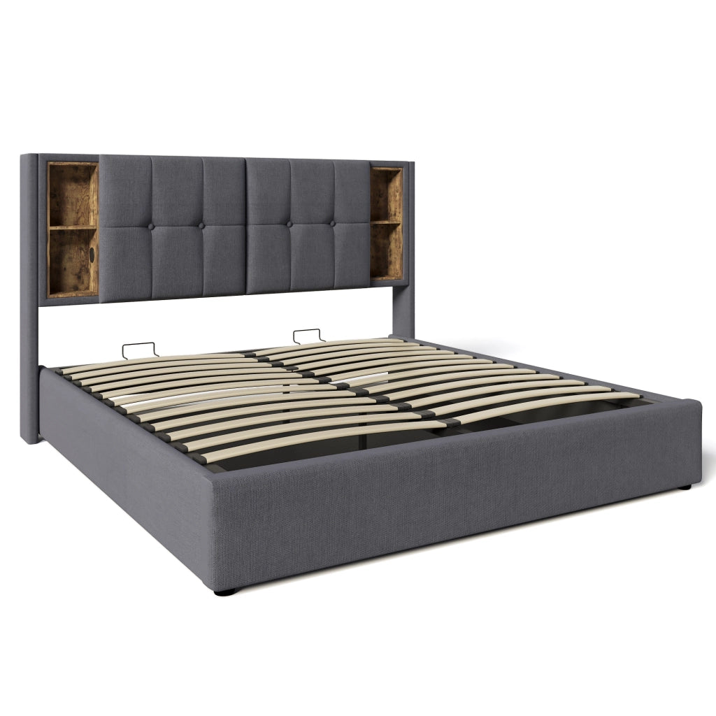 OKWISH Letto Contenitore 160×200 cm, Letto Matrimoniale con Ricarica Wireless, USB, Tipo C e 4 Vani, senza Materasso, in Cotone, Grigio