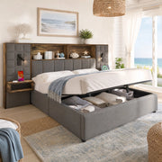 Letto matrimoniale 160x200 cm con contenitore idraulico; luci lettura e comodini; grigio