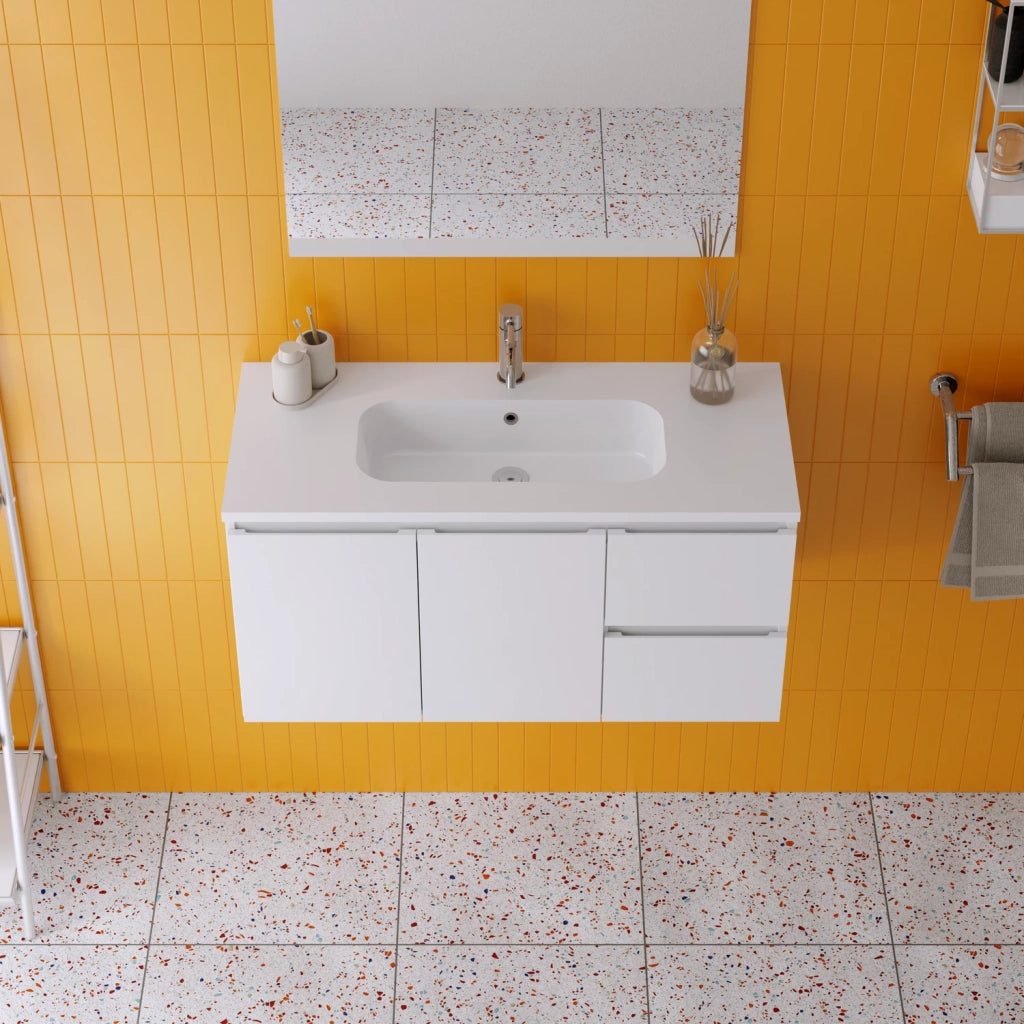 Mobile da bagno sospeso 100cm bianco lucido con lavabo e specchio | Rata
