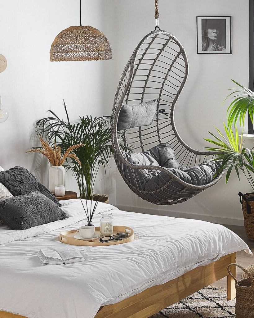 Sedia sospesa poltrona pensile in rattan grigio senza supporto a forma curva per interni-esterni Boho