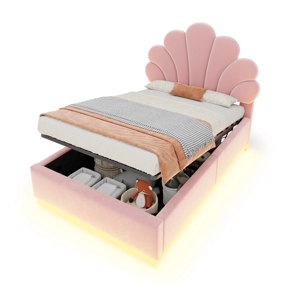 Letto imbottito 90x200 cm rosa con contenitore idraulico e LED