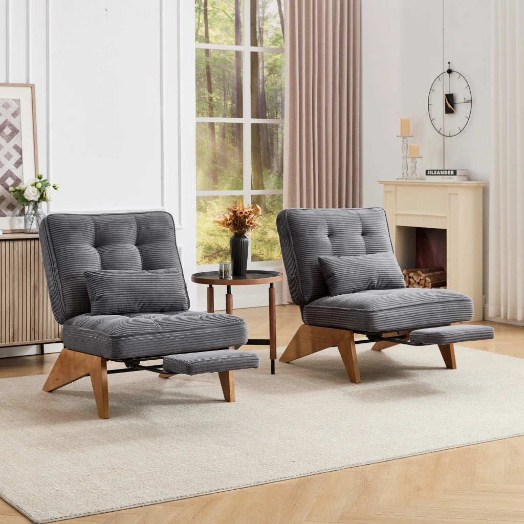 OKWISH Poltrona Relax in Velluto a Coste, Schienale Regolabile con Cuscino Lombare e Gambe in Legno, Grigio Scuro