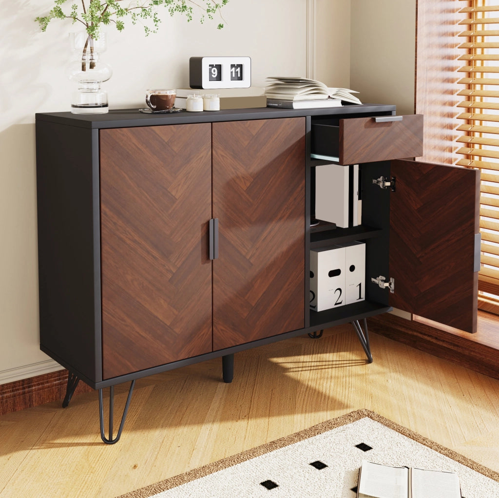 Credenza 90x30x71.5 cm con cassetto e ripiani regolabili in MDF e pannello truciolare nero e naturale