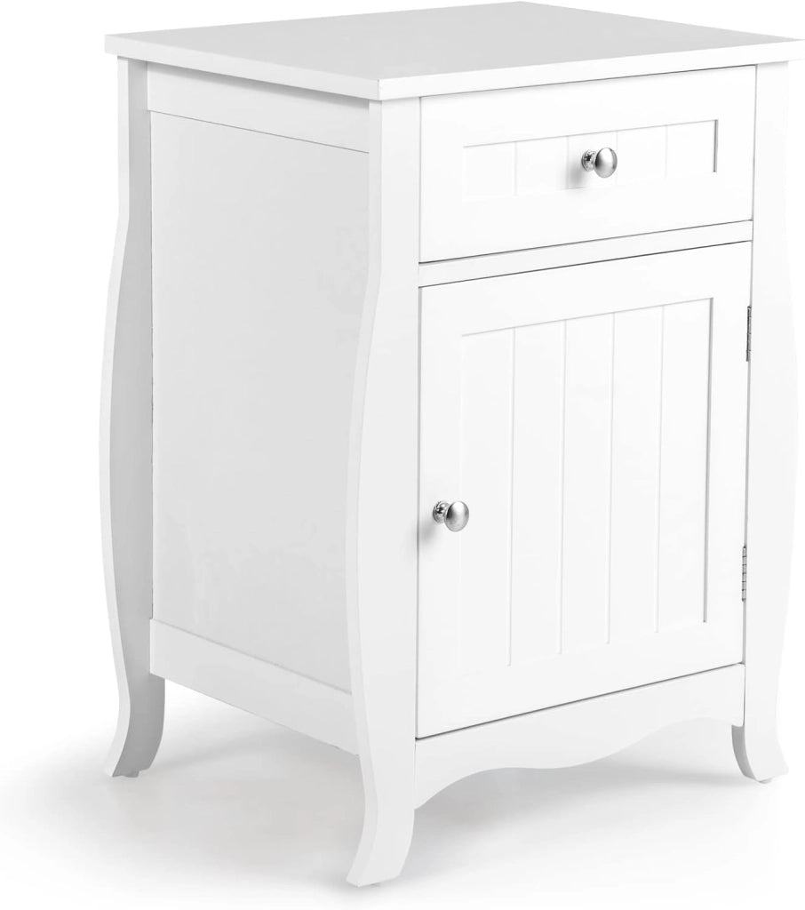 Comodino Bianco in Legno, Comodino con Cassetto e Armadio, per Camera da Letto, Soggiorno, 45 x 35 x 60,5 cm