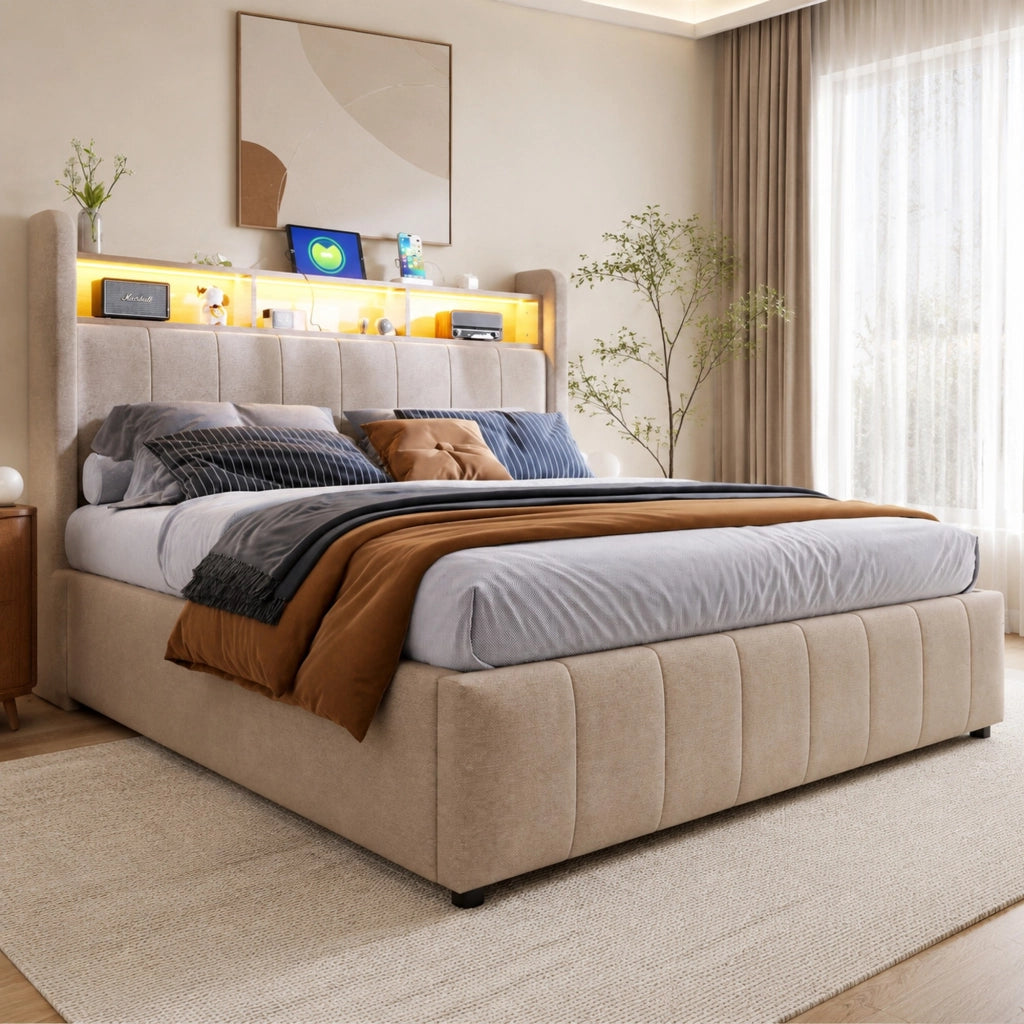 Letto matrimoniale imbottito 140x200 cm con LED; USB e contenitore idraulico; beige