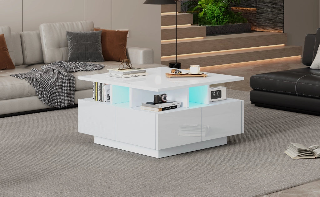 TAVOLINO DA SALOTTO 70x70x40 cm Bianco Lucido con 4 Cassetti e LED