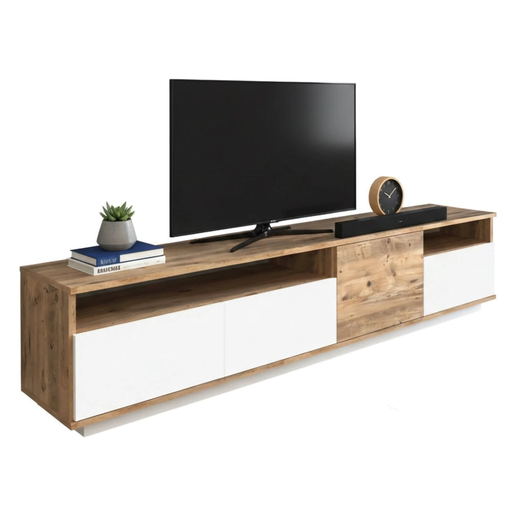 Mobile porta TV Axi, Credenza da soggiorno, Armadio basso per TV, Base parete attrezzata, 180x45h45 cm, Quercia e Bianco