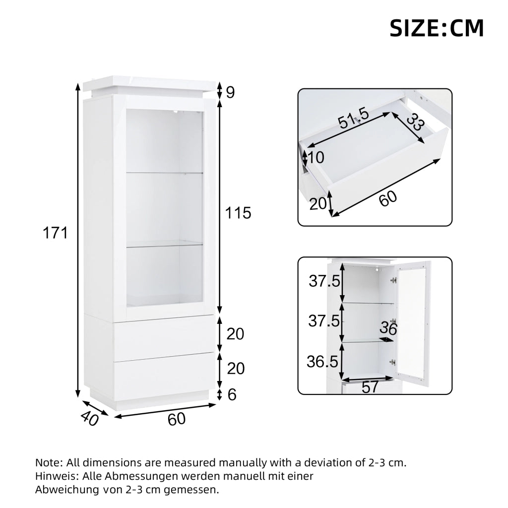 Vetrina con LED, 2 cassetti e 1 anta in acrilico, ripiani in vetro temperato, per soggiorno, bianca, 60 × 40 × 171 cm