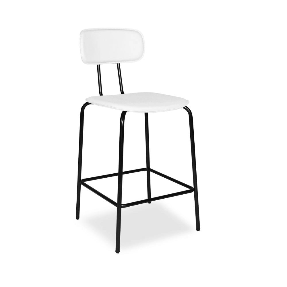 Sgabello Glami con struttura in metallo nero e seduta in pvc effetto cuoio bianco