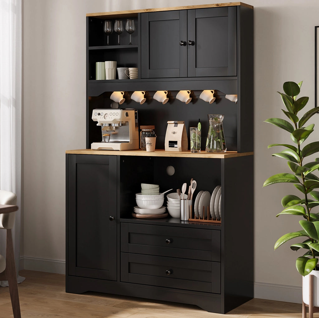 Credenza cucina multifunzione 100x40x163 cm con LED; prese; 2 cassetti e ripiani regolabili; nero