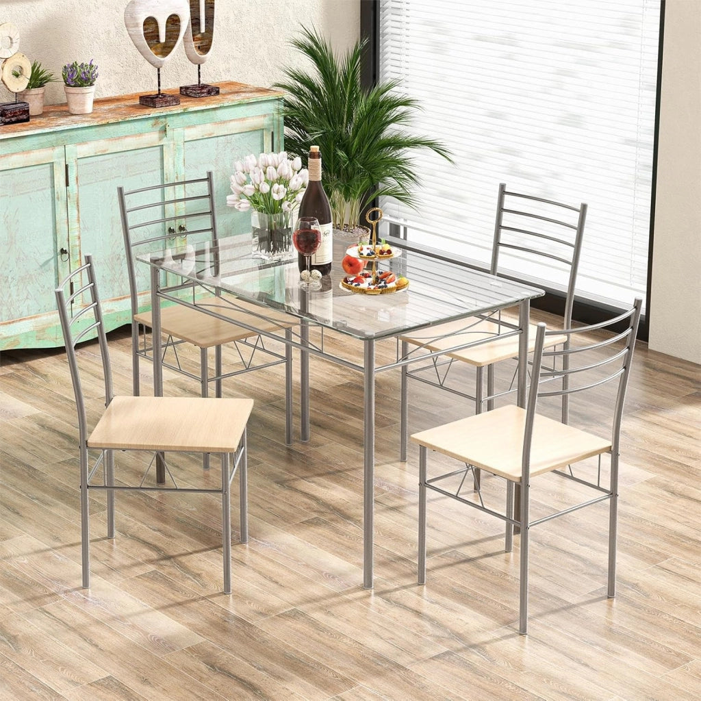 Tavolo da pranzo in vetro temperato con 4 sedie, set da pranzo, ampio piano e seduta grande con venature di legno delicate, poco ingombrante, per cucina, soggiorno