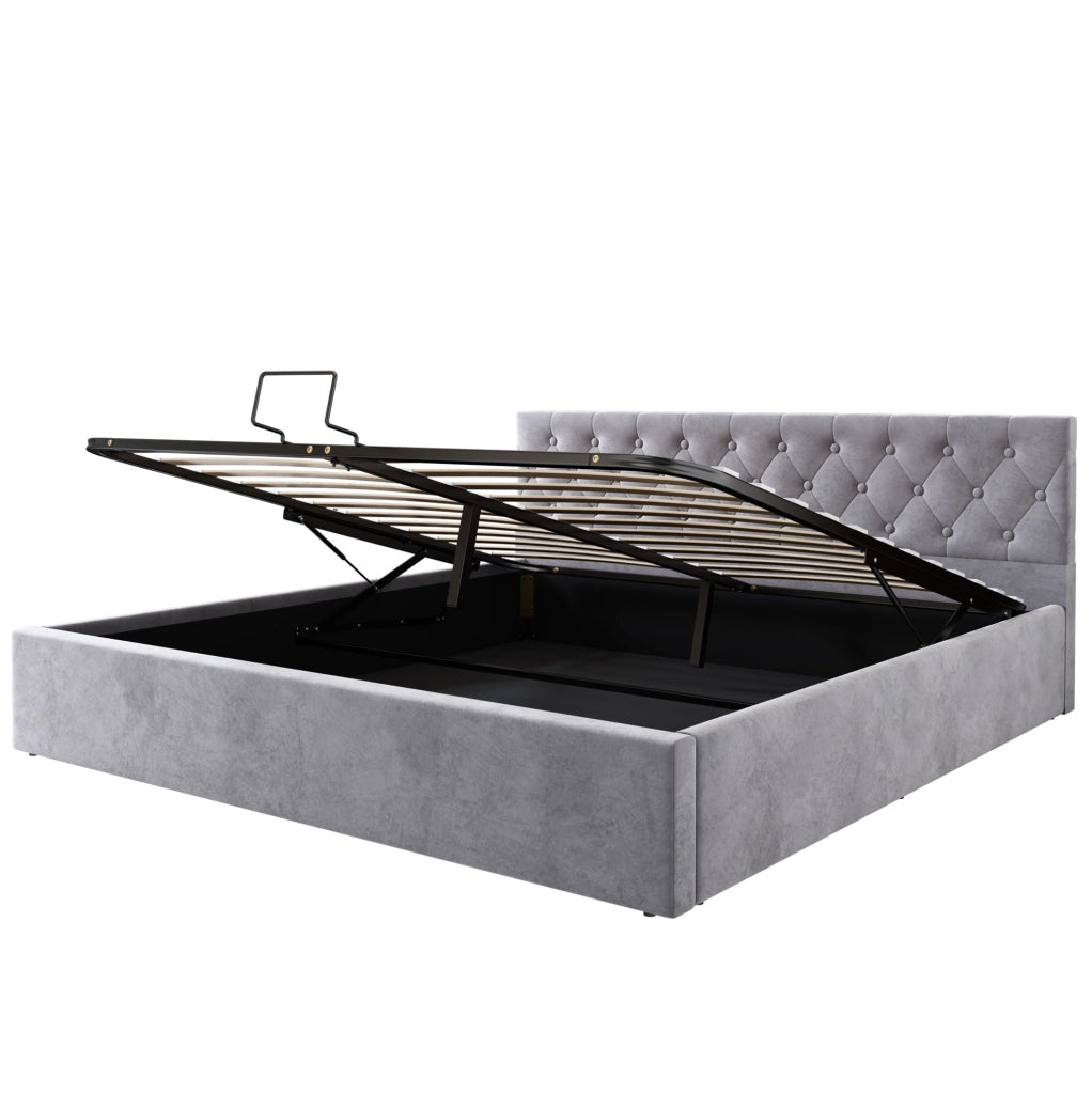 Letto imbottito in velluto con contenitore idraulico; per materasso 180x200 cm; grigio