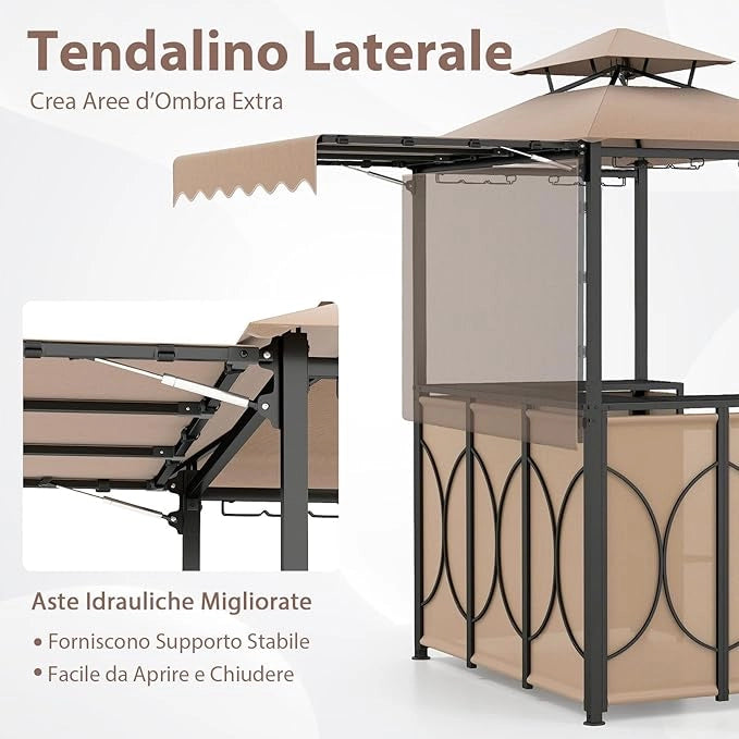 Gazebo per Barbecue, Pergola per BBQ con Tavolo Bar e 2 Sgabelli Bar Pieghevoli, Ripiani di Stoccaggio in Metallo, per Giardino e Cortile, 193 x 117 x 240 cm (Marrone)