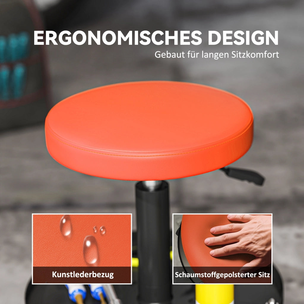 Sgabello da Lavoro con Ruote e Ripiano ¨C Zephmum ¨C Regolabile 38-50cm Arancione