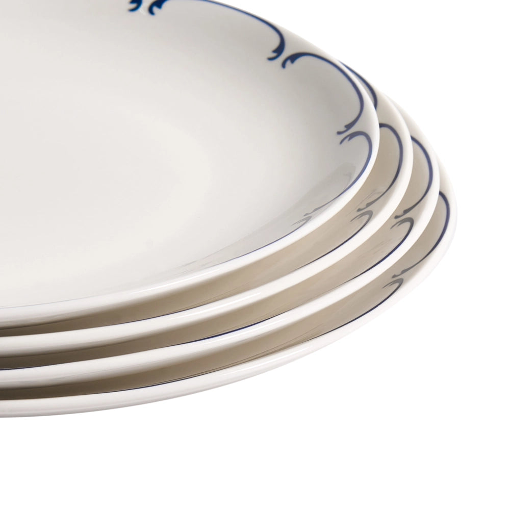 Set da 24 pezzi di stoviglie in porcellana con bordi decorativi finitura smalto trasparente bianco e blu per cucina e sala da pranzo