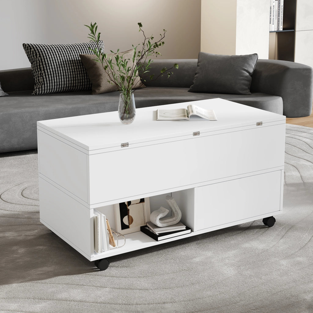 Tavolino da caffè alzabile con 4 cassetti e ruote - per soggiorno - 100x50x52 cm - bianco