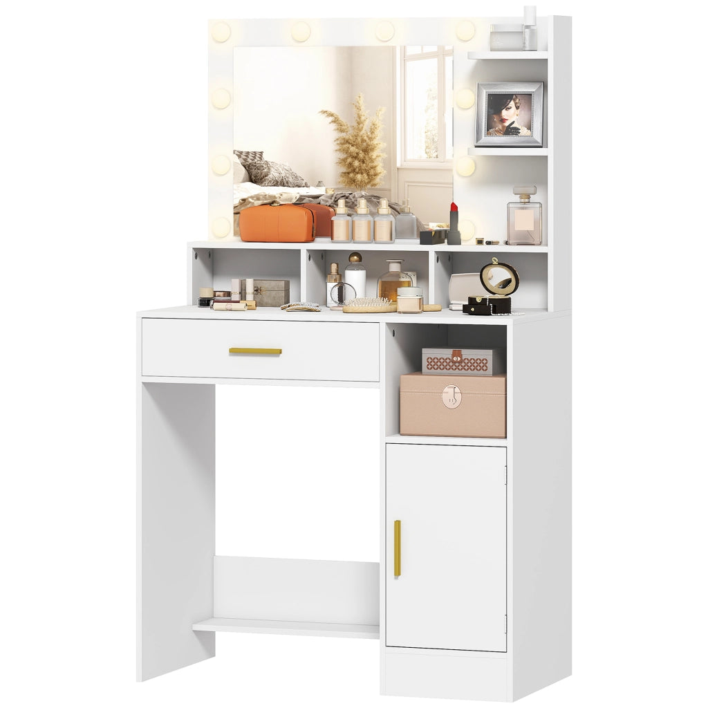 Toeletta con specchio e 10 luci LED ¨C Xylo ¨C Cassetto, anta, ripiani, 80x40x135cm, bianco