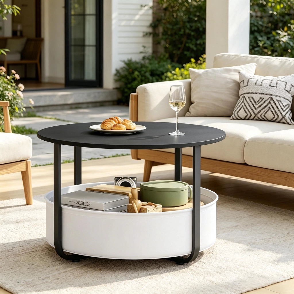 Tavolino basso rotondo moderno e pratico con cestello in canvas e struttura in metallo, per soggiorno, nero, Ø 80 × 50 cm