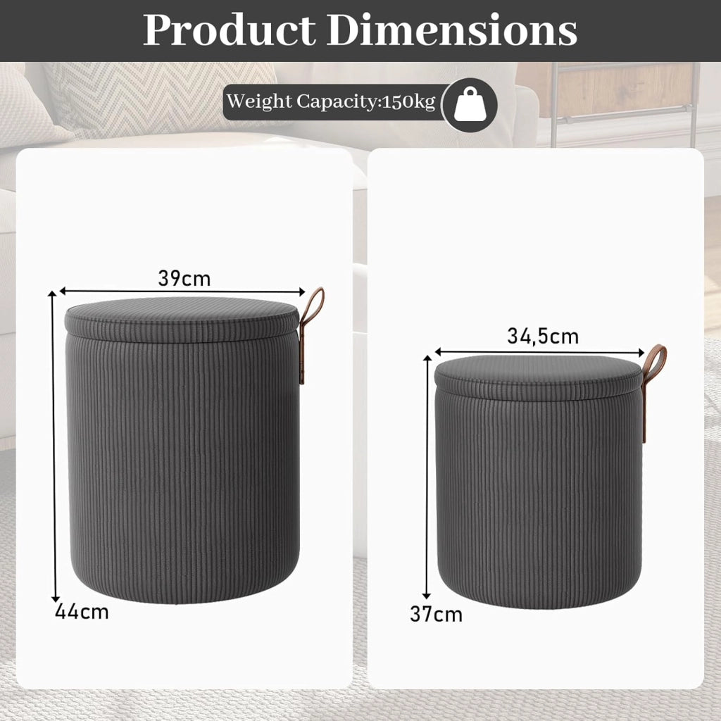 Set di 2 Pouf Contenitore, Poggiapiedi per Soggiorno in Velluto con Coperchi Rimovibili, Sedute Imbottite, Sgabello da Trucco 40 L+25 L, Portata 150 KG, Grigio/Bianco (Grigio)