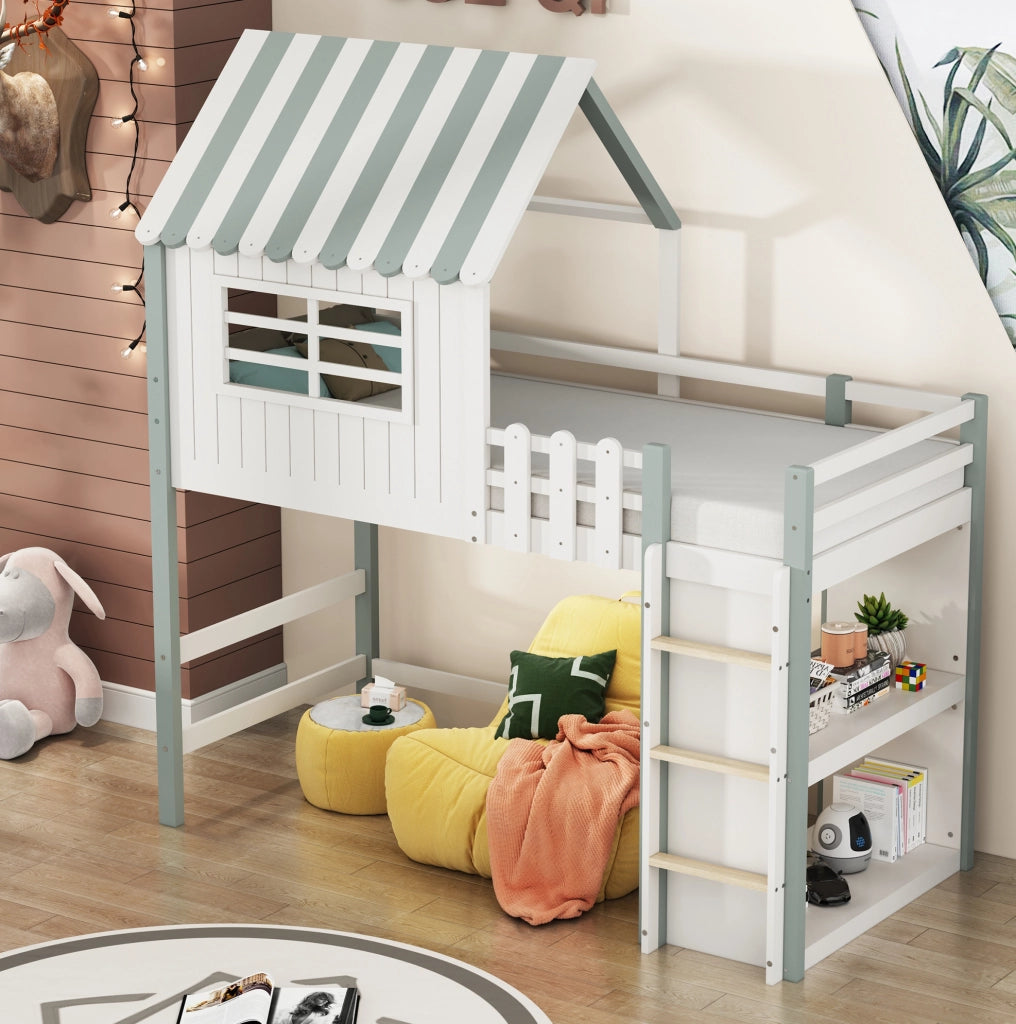 Letto a soppalco per bambini 90x200 cm verde con scala
