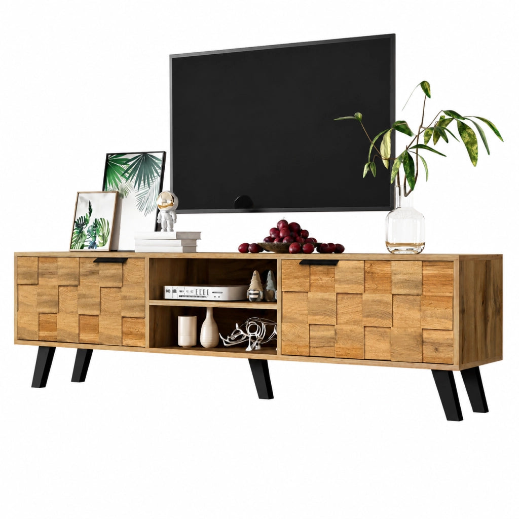 Mobile TV 160.5x35.5x45 cm; 2 ante e 2 vani aperti; chiusure ammortizzate; pannello truciolare; colore naturale