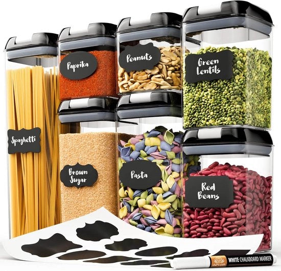 Set di contenitori a chiusura ermetica - Etichette e pennarelli - Contenitori e conservanti - Ideali per conservare fiori, muesli e spaghetti - Contenitori a chiusura ermetica in plastica con coperchio