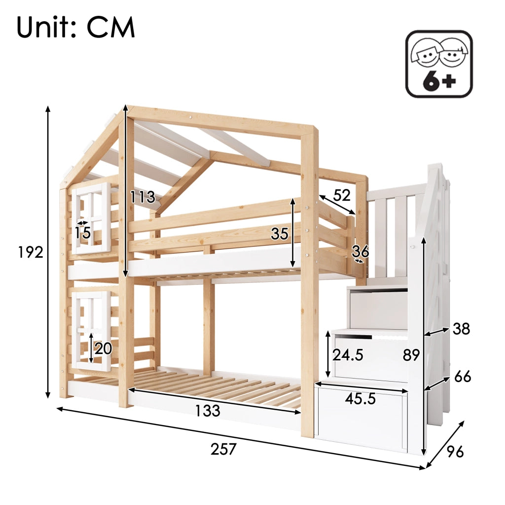 Letto a castello 90x200 cm con contenitore; casetta sull'albero; legno e MDF naturale e bianco